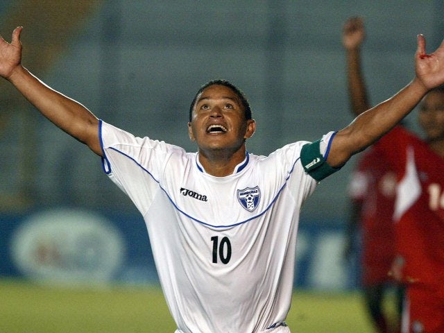 Wilmer Velasquez celebrates scoring for Honduras on February 25, 2005.